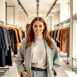 Fashion-forward woman shopping in upscale NYC boutique, modern minimalist store interior with designer clothing displays, natural lighting, confident style expression, contemporary retail environment