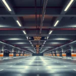 Sleek modern parking garage interior with directional signage, warm lighting, and organized numbered parking spaces, photorealistic, no text visible, sophisticated aesthetic