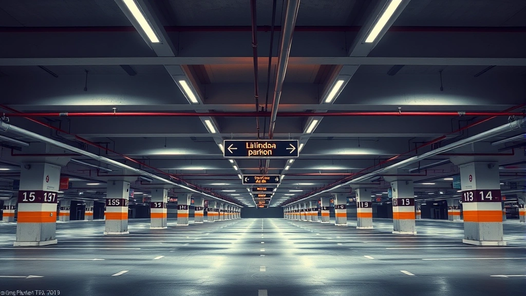 Sleek modern parking garage interior with directional signage, warm lighting, and organized numbered parking spaces, photorealistic, no text visible, sophisticated aesthetic