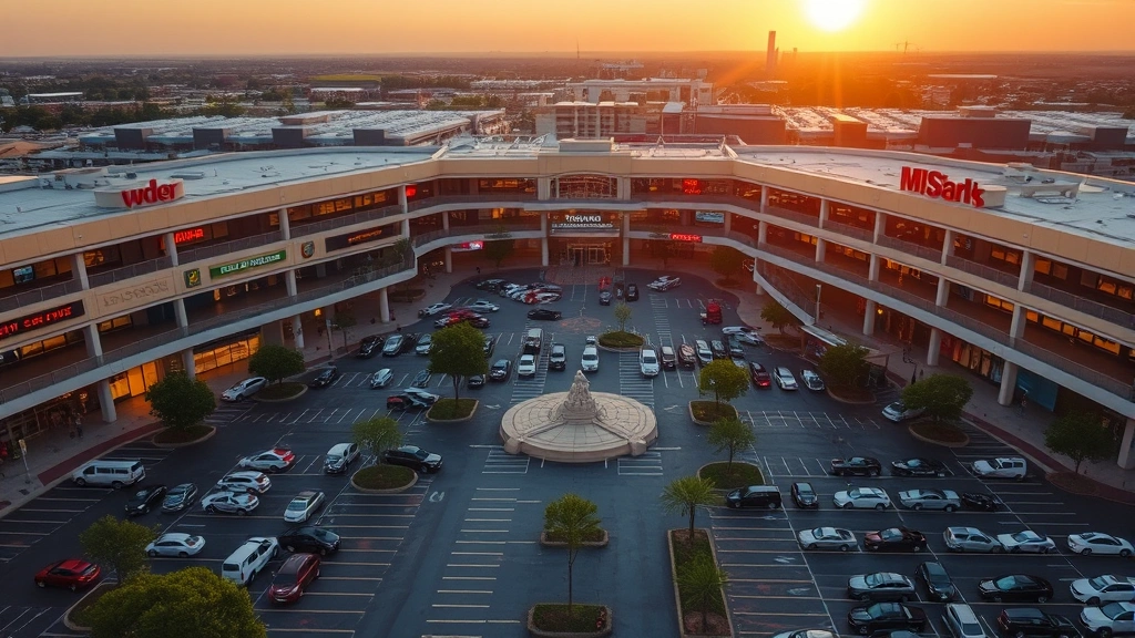 Aerial view of busy shopping mall parking lot during golden hour, multiple levels visible, organized layout, vehicles parked strategically, vibrant urban retail environment, photorealistic