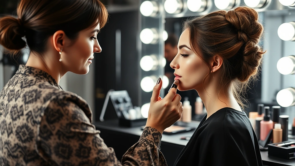 Backstage preparation scene with professional makeup artist applying cosmetics to model's face, luxury vanity setup with professional lighting and beauty products