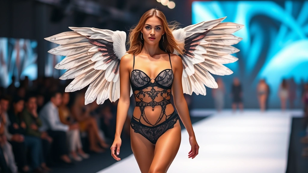 Supermodel walking on illuminated runway wearing elegant designer lingerie with statement wings, confident pose, professional fashion photography with crowd in background