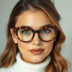 Woman wearing oversized tortoiseshell cat-eye spectacles with minimalist white sweater, natural lighting, close-up face portrait, confident expression