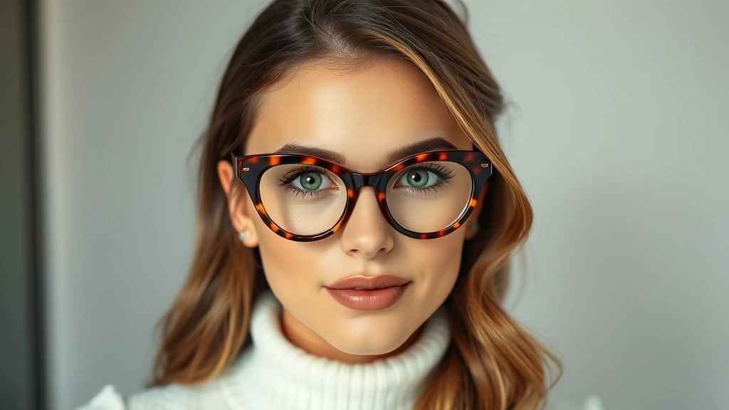 Woman wearing oversized tortoiseshell cat-eye spectacles with minimalist white sweater, natural lighting, close-up face portrait, confident expression