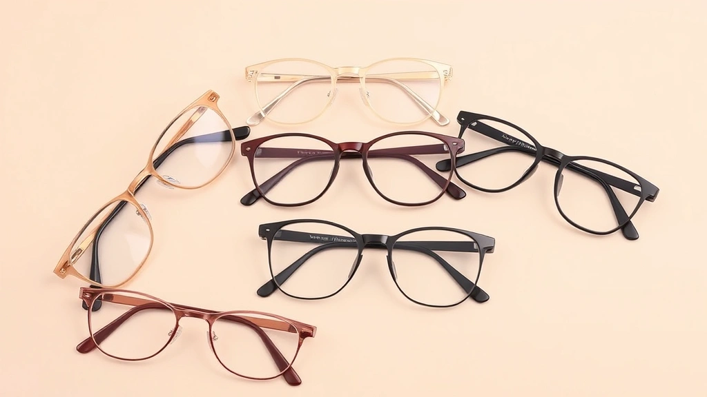 Flat lay arrangement of five different fashion eyeglass frames in various colors including gold, burgundy, transparent, and black against neutral backdrop