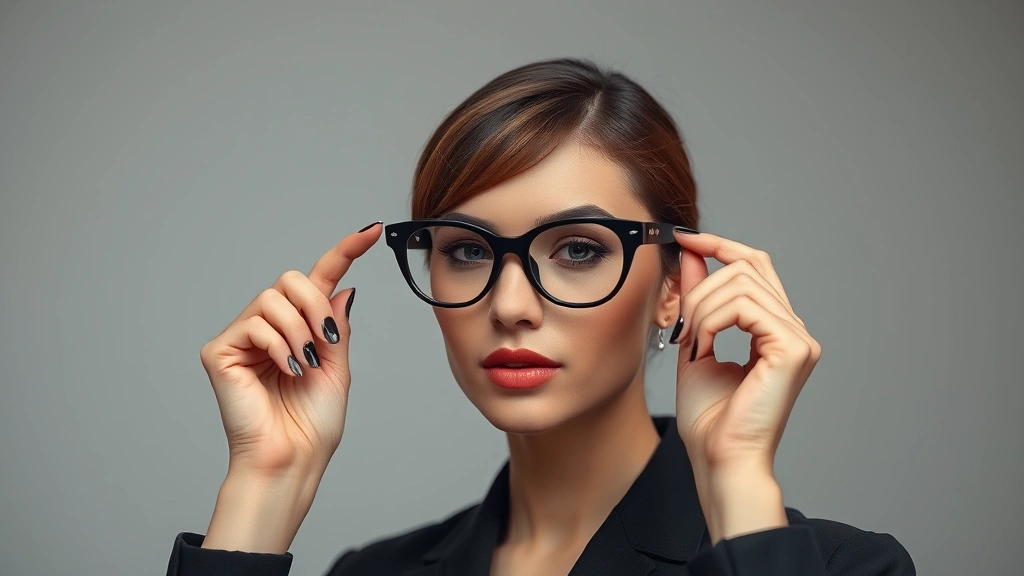 Woman in professional blazer styling multiple fashion spectacles frames, showing frame variety and styling versatility, editorial fashion photography