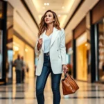 Stylish woman shopping at upscale mall wearing white sneakers, tailored cream blazer, and dark designer jeans, carrying structured leather handbag, confident posture near luxury storefront