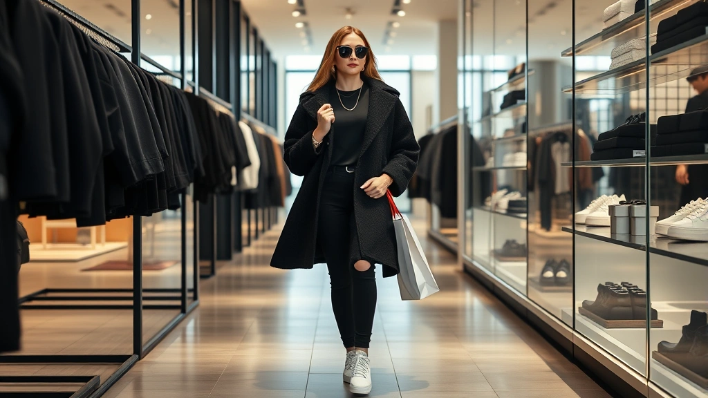 Fashion-forward shopper in monochromatic black outfit with layered textures, oversized wool coat, white leather sneakers, gold jewelry, walking through contemporary retail space with polished appearance