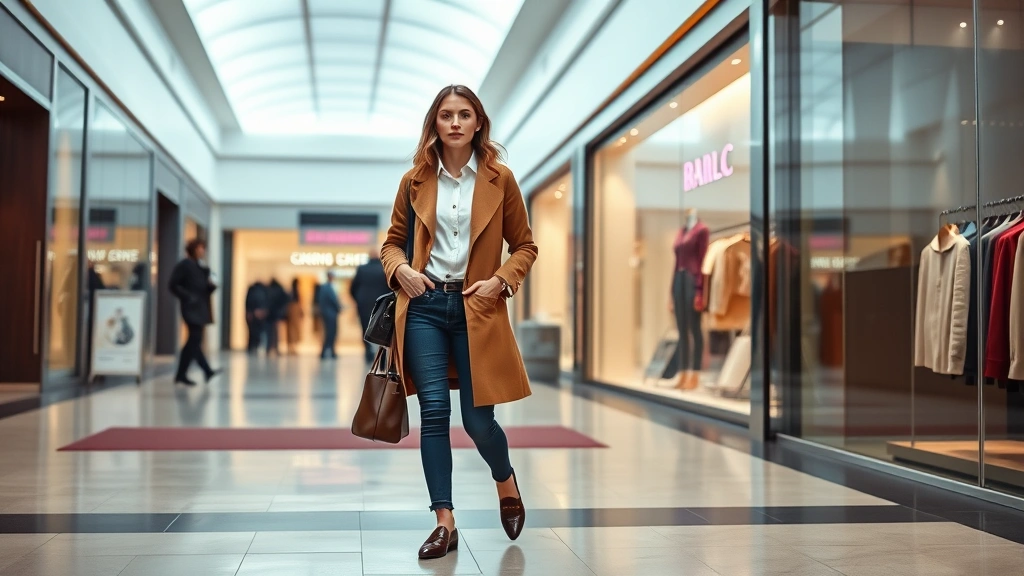 Well-dressed mall visitor in fitted white button-down shirt, camel wool coat, premium denim, loafers, carrying designer bag, styled hair and minimal makeup, positioned near high-end boutique entrance