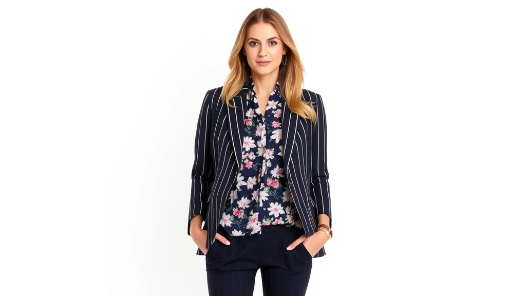 Professional fashion model wearing a navy and white striped blazer layered over a small-scale floral blouse, styled with neutral accessories and confident posture against clean white background