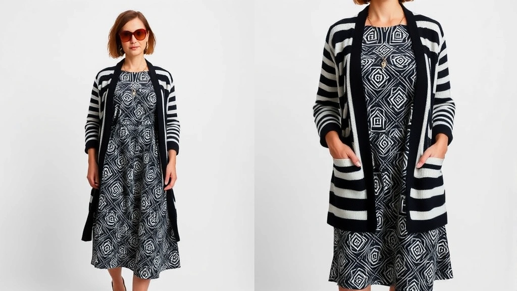 Stylish woman confidently wearing a large-scale geometric patterned dress with a small-scale striped cardigan, demonstrating scale contrast with coordinated neutral shoes and minimal jewelry