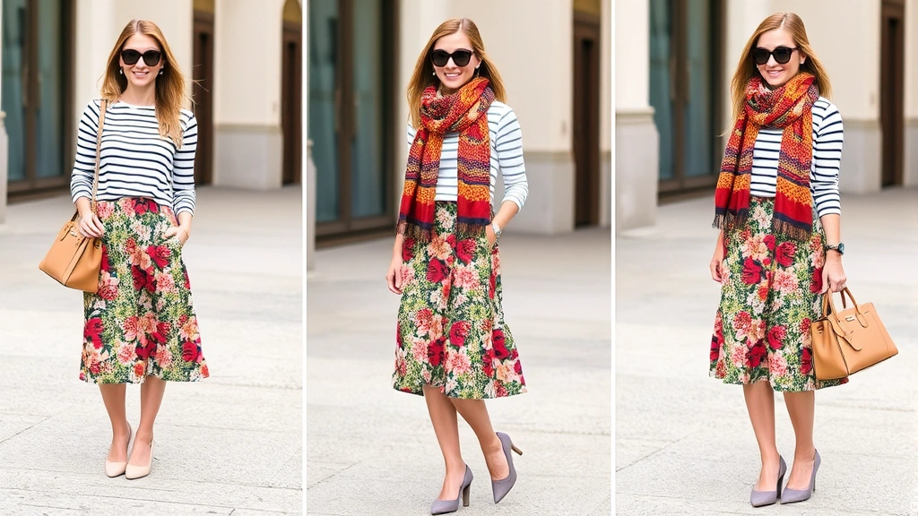 Fashion-forward individual wearing multiple coordinated patterns including striped top, floral skirt, and patterned scarf in complementary colors, styled with neutral bag and shoes