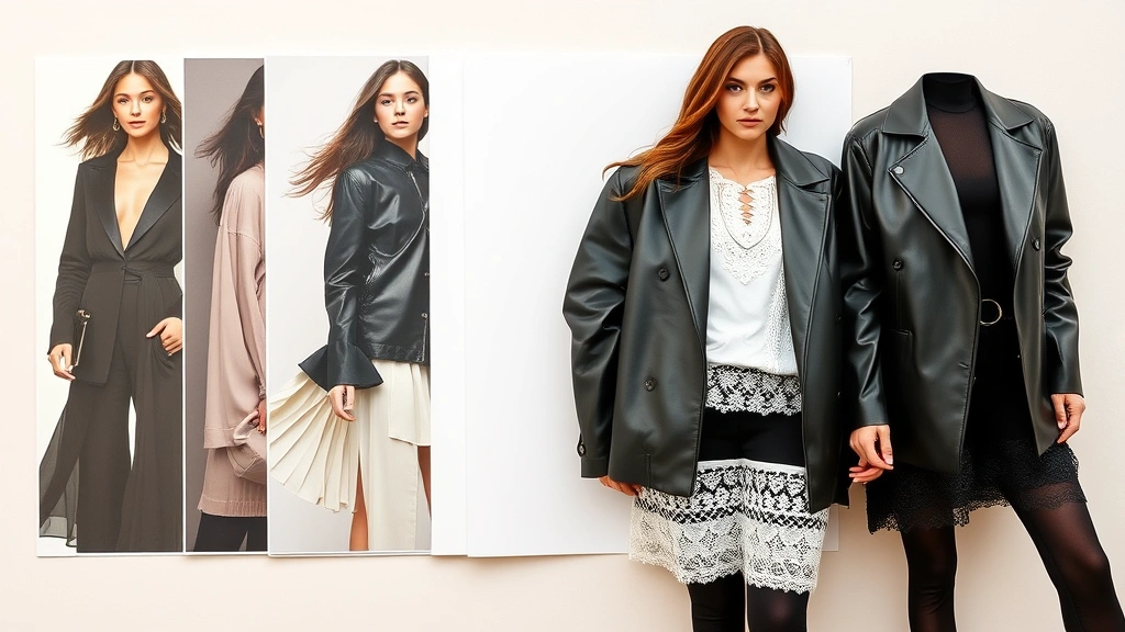 Close-up of diverse fashion style mood boards arranged side by side showing classic elegant pieces, bohemian flowing fabrics, minimalist basics, edgy leather jackets, preppy blazers, romantic lace details, and street style urban wear on neutral background