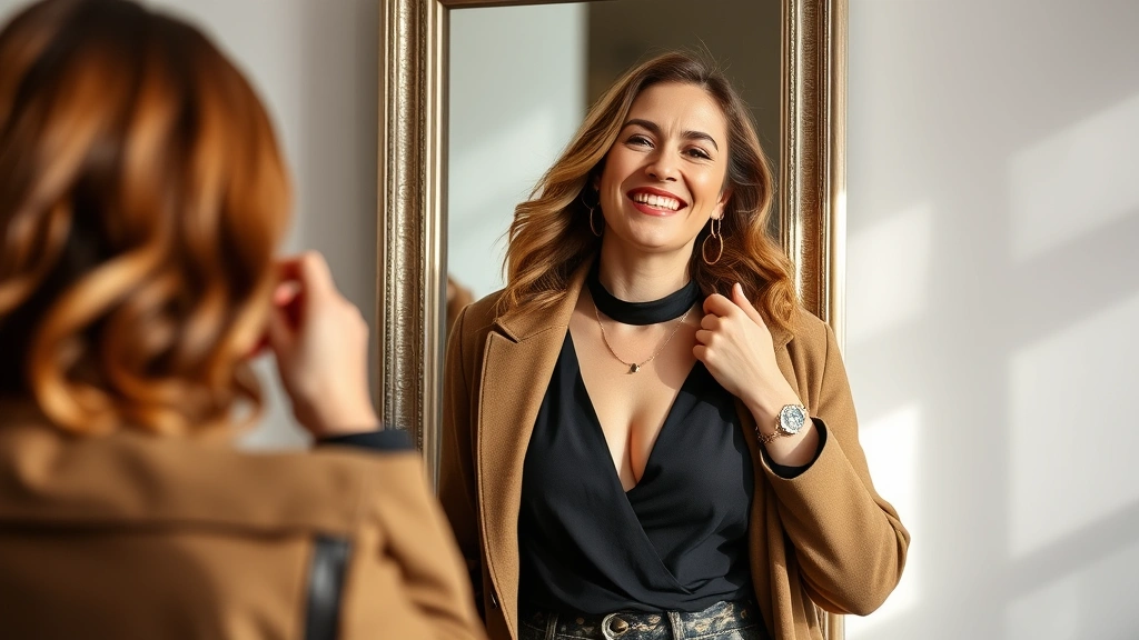 Woman confidently styling herself in front of mirror wearing outfit that reflects her personal fashion style, natural lighting, showing joy and self-assurance with coordinated pieces and accessories