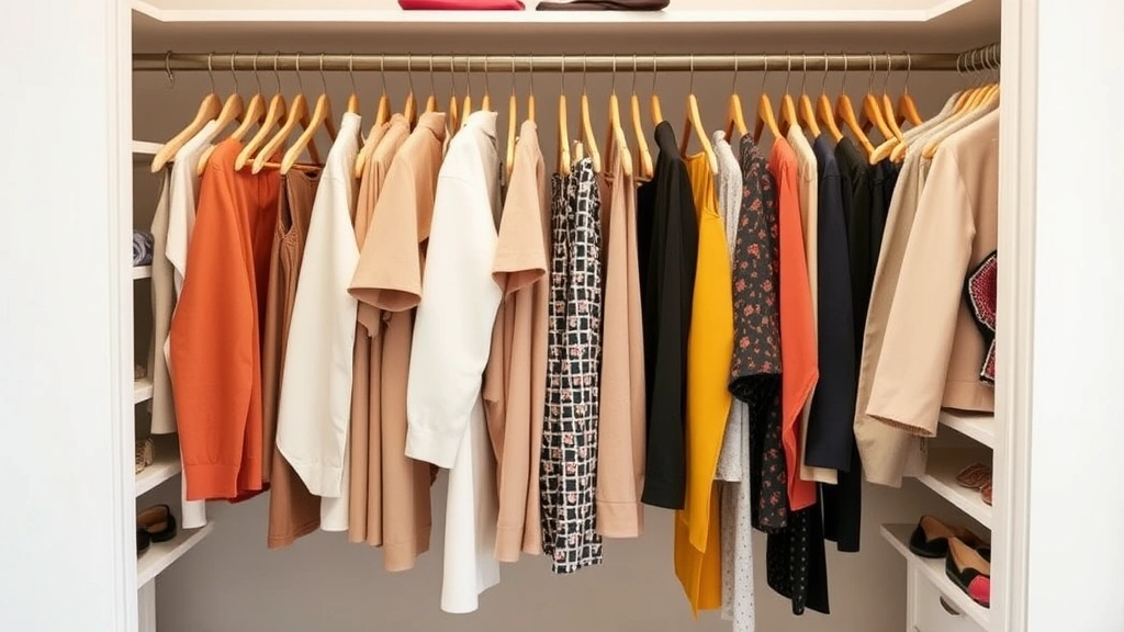 Organized closet displaying color-coordinated wardrobe with hanging garments in neutral and accent colors, showing cohesive fashion style with quality pieces arranged by category and type