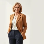 Sophisticated woman in her 50s wearing tailored camel blazer with white silk blouse and dark tailored trousers, standing confidently in natural light with neutral background, professional polished appearance