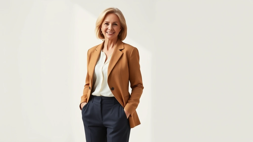 Sophisticated woman in her 50s wearing tailored camel blazer with white silk blouse and dark tailored trousers, standing confidently in natural light with neutral background, professional polished appearance