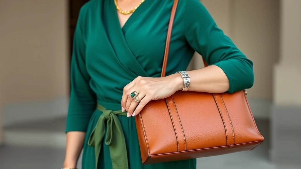Mature woman styling outfit with jewel-tone emerald wrap dress, paired with structured leather handbag and elegant jewelry, demonstrating color coordination and accessorizing for mature style