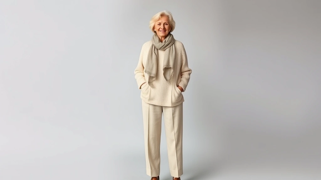 Woman over 50 in minimalist aesthetic wearing quality cream cashmere sweater, wide-leg neutral trousers, silk scarf, and leather loafers, embodying modern sophisticated simplicity and comfort