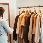 Fashion stylist standing in front of full-length mirror arranging neutral tones and earth-colored clothing on elegant wooden rack with professional lighting