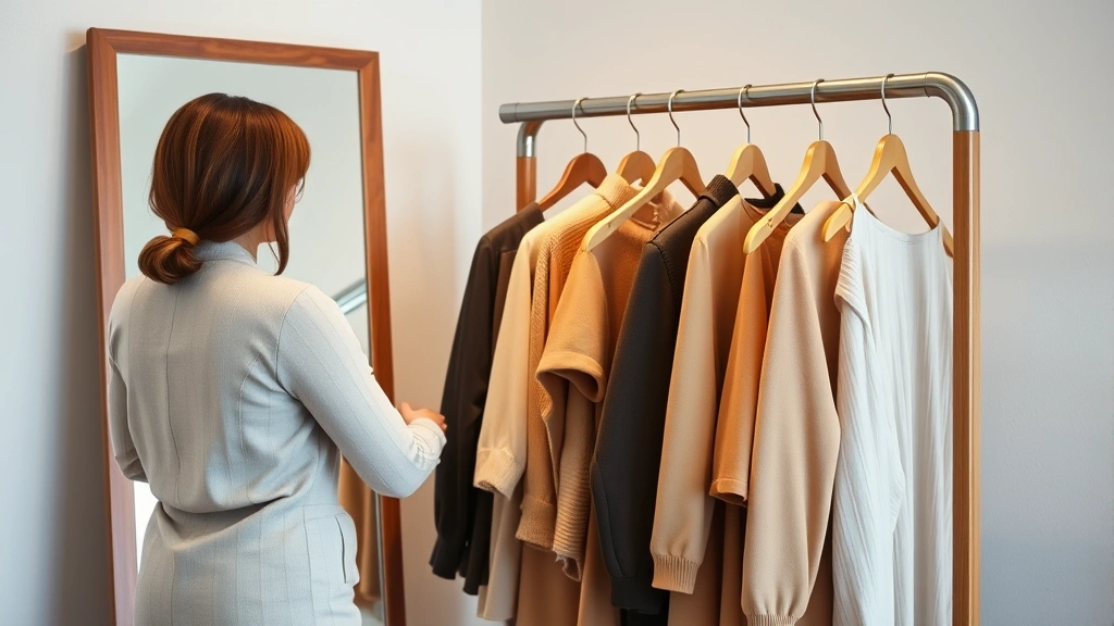 Fashion stylist standing in front of full-length mirror arranging neutral tones and earth-colored clothing on elegant wooden rack with professional lighting