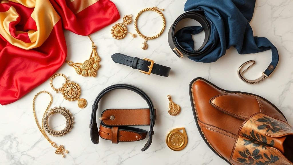 Overhead flat lay of luxury fashion accessories including silk scarves, gold jewelry, designer belts, and premium leather shoes artfully arranged on marble surface