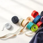 Professional fashion tape rolls in various colors displayed on a white marble surface with soft natural lighting, showing different brand options arranged artfully with measuring tape and fabric swatches