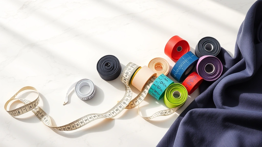 Professional fashion tape rolls in various colors displayed on a white marble surface with soft natural lighting, showing different brand options arranged artfully with measuring tape and fabric swatches