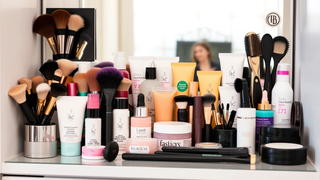 Organized collection of fashion tape products arranged on a vanity mirror shelf with makeup brushes, hair accessories, and styling tools, representing a complete wardrobe essentials setup