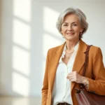Sophisticated mature woman wearing tailored camel blazer with white silk blouse and structured leather handbag, standing in modern minimalist setting with natural lighting, confident posture, refined jewelry
