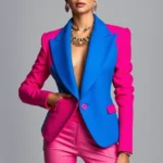 Vibrant maximalist outfit featuring bold color-blocked blazer in electric blue and hot pink with layered textures, model wearing statement gold jewelry against neutral background, confident pose showcasing coordinated style