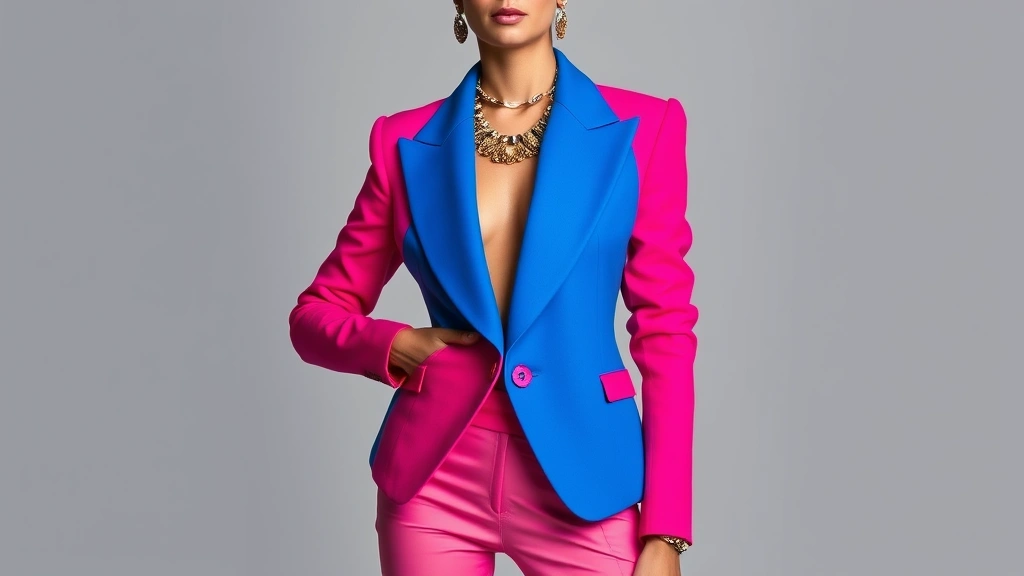 Vibrant maximalist outfit featuring bold color-blocked blazer in electric blue and hot pink with layered textures, model wearing statement gold jewelry against neutral background, confident pose showcasing coordinated style