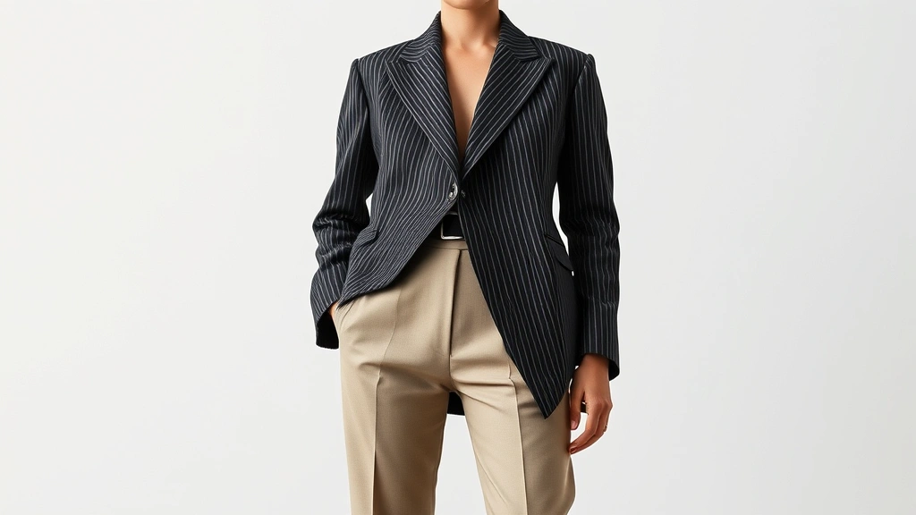 Oversized deconstructed tailored blazer with unconventional seaming and asymmetrical hem paired with fitted neutral trousers, architectural silhouette emphasizing designer craftsmanship and modern tailoring innovation