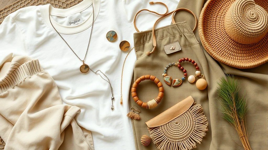Sustainable luxury fashion flat lay displaying organic cotton basics, recycled material accessories, and artisanal jewelry pieces arranged artistically to showcase eco-conscious design and quality materials
