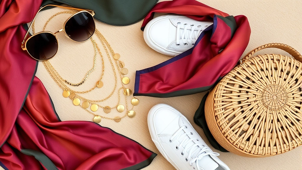 Flat lay of accessories trending at Fashion Valley: gold layered necklaces, oversized sunglasses, silk scarf in jewel tones, white leather sneakers, and woven handbag on neutral background