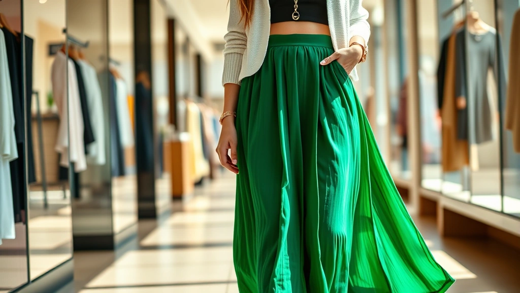 Fashion-forward woman in maxi skirt in deep emerald with cropped white cardigan, layered gold jewelry, walking through upscale retail environment, natural sunlight, modern elegant aesthetic