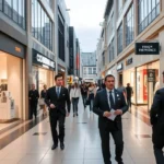 Modern retail district with sleek storefronts, well-lit pathways, professional security personnel in professional attire, contemporary architecture, daytime atmosphere, bustling but orderly shopping environment, clear wayfinding signage, premium retail environment