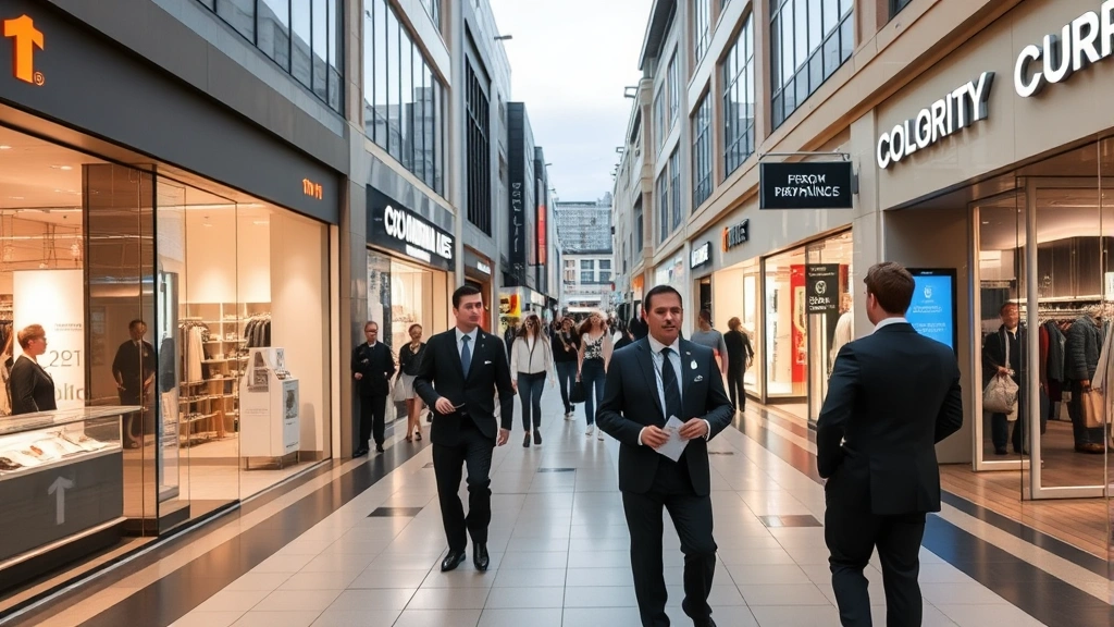 Modern retail district with sleek storefronts, well-lit pathways, professional security personnel in professional attire, contemporary architecture, daytime atmosphere, bustling but orderly shopping environment, clear wayfinding signage, premium retail environment
