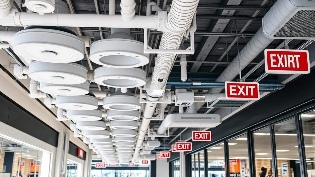 Advanced fire safety equipment including sprinkler heads, fire alarm panels, and emergency exit signs in professional retail setting, modern building interior, professional installation, contemporary safety systems, well-maintained infrastructure, clear emergency procedures visible