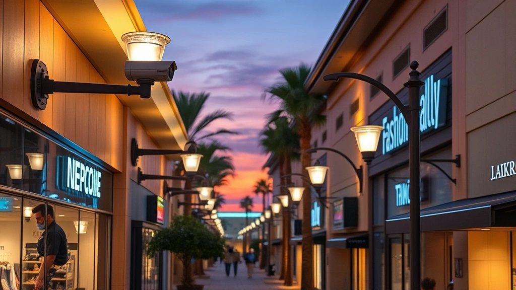 Fashion Valley evening ambiance with professional lighting illuminating storefronts, security cameras mounted on modern fixtures, clear emergency lighting systems, professional security presence, contemporary urban retail environment, safe and welcoming atmosphere, premium shopping district aesthetic