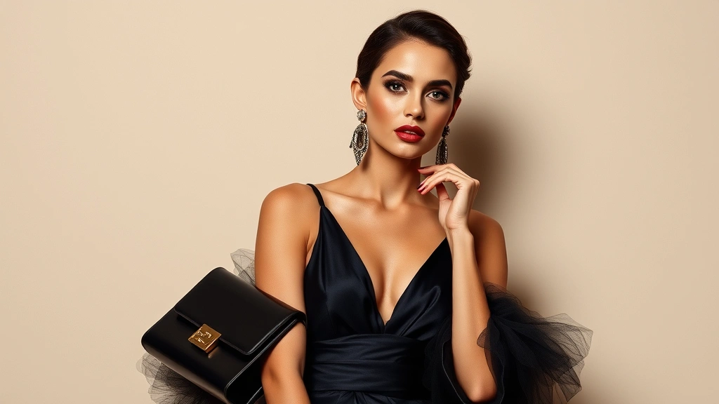 Elegant woman in evening cocktail dress with statement earrings, luxury handbag, pointed-toe heels, refined makeup, polished nails, posed against neutral backdrop, luxury fashion magazine aesthetic, high-fashion styling