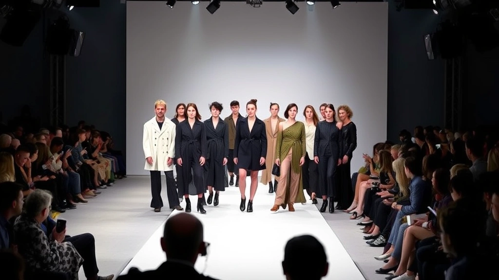 Diverse models wearing avant-garde designer clothing on a minimalist white runway, dramatic stage lighting, audience seated in foreground, contemporary fashion show atmosphere, professional photography