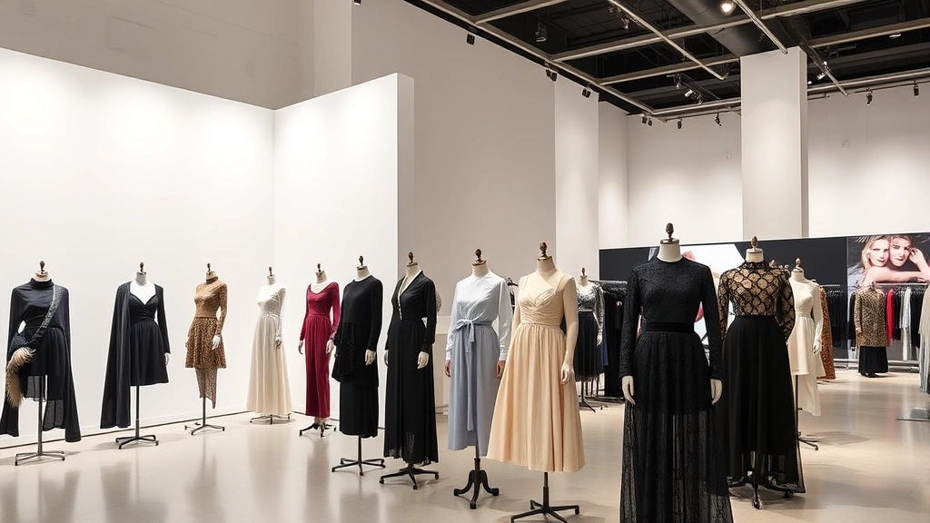 Fashion Week venue featuring modern gallery space with designer collections displayed on dress forms, sophisticated lighting design, architectural interior, high-fashion retail environment, contemporary art gallery aesthetic