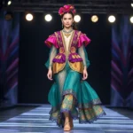 Luxurious maximalist runway look featuring layered jewel-tone fabrics, ornate embroidery, and bold color combinations under bright Fashion Week lighting, model walking confidently