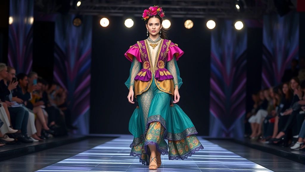 Luxurious maximalist runway look featuring layered jewel-tone fabrics, ornate embroidery, and bold color combinations under bright Fashion Week lighting, model walking confidently