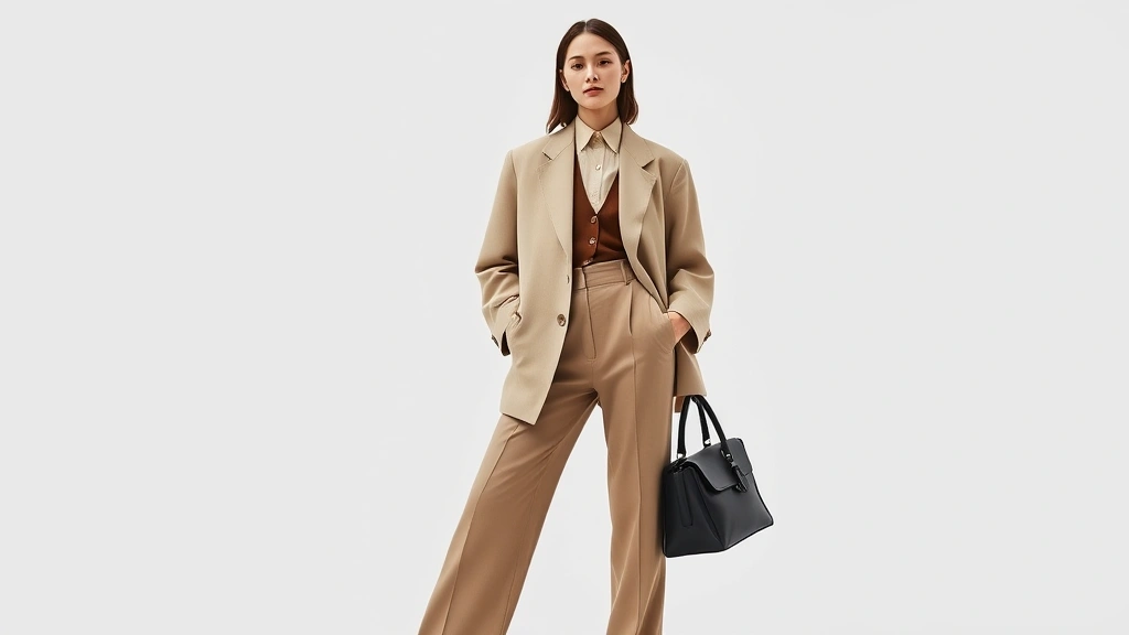 Contemporary minimalist ensemble featuring oversized neutral blazer, tailored trousers, and statement bag, styled on model against clean backdrop demonstrating modern 90s minimalism aesthetic