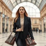 Elegant woman in tailored black blazer and neutral tones walking through Grand Palais Paris, holding structured leather handbag, sophisticated minimalist style, architectural backdrop with glass and iron details, professional fashion photography lighting, photorealistic, daytime, confident posture
