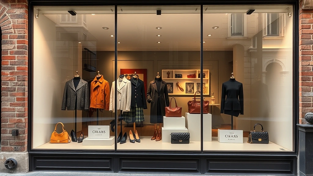 Curated boutique window display in Le Marais Paris neighborhood featuring high-fashion contemporary pieces, luxury handbags and accessories arranged artistically, elegant storefront with exposed brick and vintage windows, soft natural light, photorealistic fashion retail aesthetic, no text or signage visible
