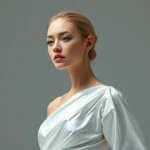 Futuristic white lab-grown silk evening gown with subtle iridescent sheen, model wearing minimalist white ensemble, clean studio lighting, photorealistic fashion photography