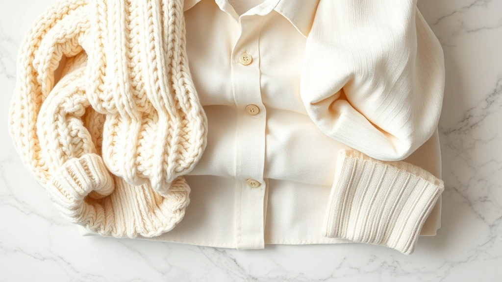 Layered white textured wardrobe pieces displayed on marble surface: chunky cream knitwear, crisp linen shirt, soft cashmere sweater, sophisticated neutral styling, luxury fashion still life